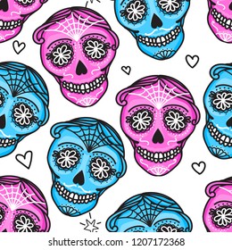 Seamless pattern Calavera sign Dia de los muertos. Mexican Day of the dead. Vector hand drawing illustration man isolated on white background. Pink purple blue color