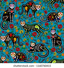Seamless pattern and calavera sugar skull black cats in mexican style for holiday the Day the Dead  Dia de Muertos