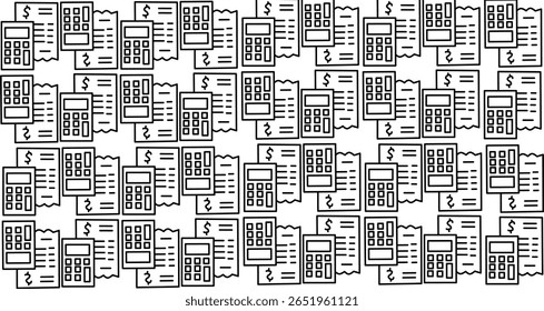 Padrão contínuo de calculadoras e recibos em contorno preto em branco. Perfeito para contabilidade, finanças, orçamento, contabilidade e projetos com temas de negócios.