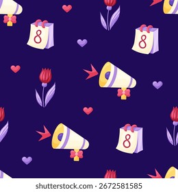Seamless pattern with calendar and megaphone on dark background. March 8 Women's Day. Vector illustration.
