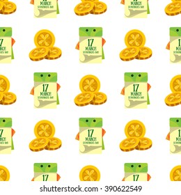Seamless pattern with a calendar on 17 March and three gold coins.