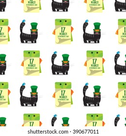 Seamless pattern with a calendar on 17 March and black cat with green hat.