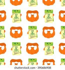 Seamless pattern with a calendar on 17 March and a red beard.