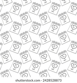 Seamless pattern Calendar page 14 April Black Day date and heart shaped stroke by hand in grayscale