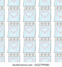 Seamless pattern of calendar page with date 14 March White Day and hand drawn heart shaped stroke