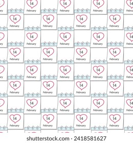 Seamless pattern of calendar page with St. Valentines Day date 14 February and hand drawn heart