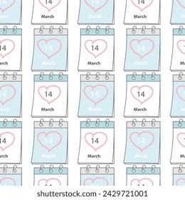 Patrón sin fisuras de la página del calendario con la fecha del día blanco 14 de marzo y la forma del corazón trazo a mano alrededor