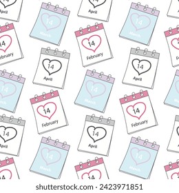 Seamless pattern of calendar pages with 14 February, 14 March and 14 April date. Backdrop concept