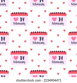 seamless pattern with calendar for valentines day on white background, cartoon flat style