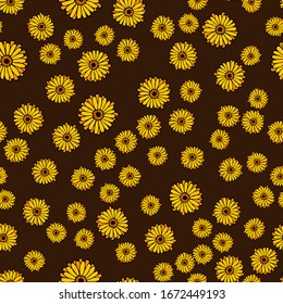 Seamless pattern with calendula flowers on a dark background. Vector illustration.