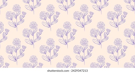 Seamless pattern with calendula flowers. Spring or summer background. Packaging design, textiles in retro rustic style. Vector illustration