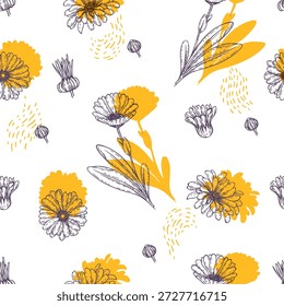 El patrón inconsútil de Calendula officinalis o caléndula común es una planta medicinal y culinaria. Boceto dibujado a mano. Ilustración vectorial