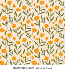 seamless pattern with calendula. orange flowers with leaves scattered over the background. floral pattern for textiles.