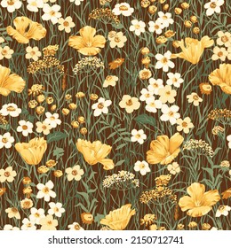 Seamless pattern of California poppy field over dark brown background