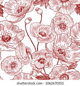 Seamless pattern. California poppy flowers drawn and sketch with line-art on white backgrounds. Vector design