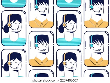 Seamless pattern - call center agents vector avatars. Smiling office workers with headsets, cartoon characters - man and woman