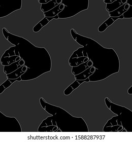 Seamless pattern call me hand gesture on gray background .Vector illustration call me hand sign in human style in flat style. Design for background, fabric, wallpaper and stickers.