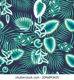 Seamless pattern: calla leaves, foliage plants, tropical palm leaves. Hand drawn beautiful elements. Nature botanical art, blue monochromatic wallpaper background, print design, exotic tropics Summer
