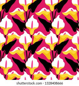 Seamless pattern with calla lilly flowers on pink background. Can be used for printing on fabric and paper and other surfaces.