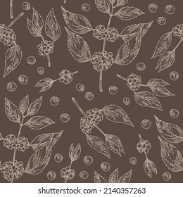 Seamless pattern with callicarpa macrophylla: callicarpa macrophylla plant, leaves and callicarpa macrophylla berries. Cosmetic, perfumery and medical plant. Vector hand drawn illustration