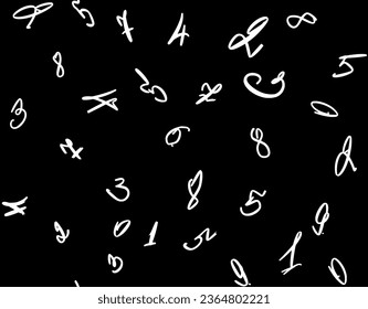 Seamless pattern of calligraphic numbers drawn in white chalk from 0 to 9 on a black board. Vector.