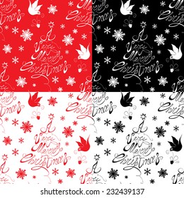 Seamless pattern with calligraphic text A Very Merry Christmas, snowflakes and xmas symbols for winter and xmas theme in red, black and white colors. Ready to use as swatch