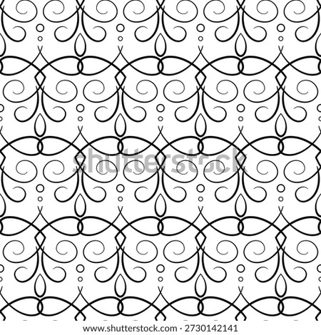 Seamless pattern of calligraphy flourish. Monochrome vintage style lacy ornament. Black elements on white background. Ornamental filigree background. Fantasy geometric shapes.