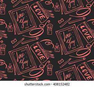 Seamless pattern calligraphy love you lettering  hand drawn vector illustration with girl stuff line  icons on black background.