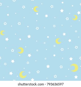 Seamless pattern with calm blue sky. Moon and stars in pleasant colors. Vector illustration. Eps10 