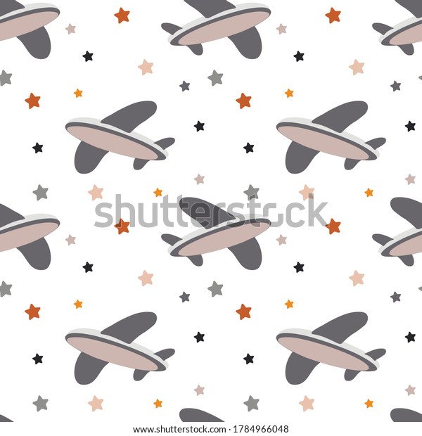 \
Seamless pattern in calm colors.\
Multicolored pattern of airplanes. Children\'s fantasy drawing.\
Airplanes in the starry sky. Ideal for baby fabrics, pajamas,\
wallpaper, bedding\
packaging.