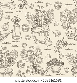 Seamless pattern with calophyllum inophyllum: plant, leaves, alexandria laurelnuts and calophyllum inophyllum flowers. Alexandria laurelnuts. Oil, soap and bath salt . Cosmetics and medical plant