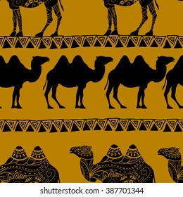 Seamless pattern with camel silhouette decorated with oriental ornaments 