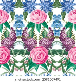 Seamless pattern with camelia flowers and other flowers. Vector