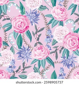 Seamless pattern with camelia flowers and other flowers. Vector