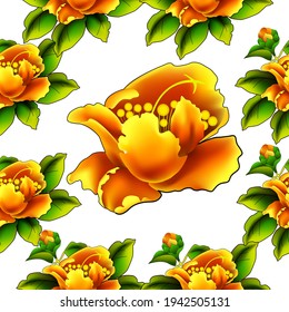 Seamless pattern Camellia exotic flower. Vector illustration. Use printed materials, signs, objects, websites, maps.