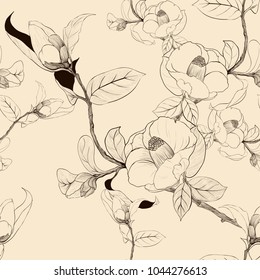 Seamless pattern.  Camellia - flowers, buds and leaves. Decorative composition. Use printed materials, signs, items, websites, maps, posters, postcards, packaging.