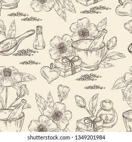 Seamless pattern with camellia sasanqua flowers: camellia flowers, soap and bath salt . Cosmetic and medical plant. Vector hand drawn illustration