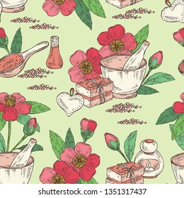 Seamless pattern with camellia sasanqua flowers: camellia flowers, soap and bath salt . Cosmetic and medical plant. Vector hand drawn illustration