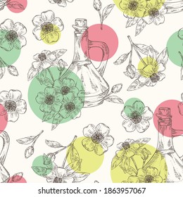 Seamless pattern with camellia sasanqua flowers and bottle of camellia oil. Vector hand drawn illustration