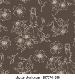 Seamless pattern with camellia sasanqua flowers and bottle of camellia oil. Vector hand drawn illustration