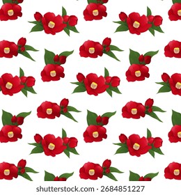 Seamless pattern camellia (tsubaki) red flower with green leaves. Japanese culture. Perfect for botanical designs, Asian-themed projects, holiday cards, textile prints, packaging, invitations