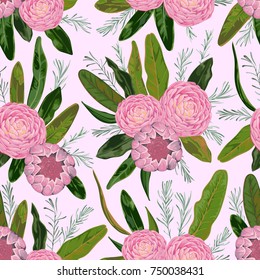 Seamless pattern with camellias, rosemary, protea flowers and leaves. Decorative holiday floral background. Vintage vector illustration in watercolor style