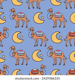 A seamless pattern with camels and crescent seamless vector illustration