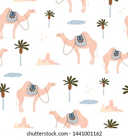 Seamless pattern with camels in desert. Creative scandinavian style kids texture for fabric, wrapping, textile, wallpaper, apparel. Vector illustration