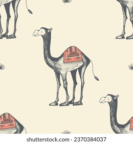 Seamless pattern with camels in desert. Hand drawn vector illustration of an animal in the desert. 