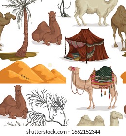 Seamless pattern with camels in different poses, sand dune of desert, nomad tent, dried and palm tree. Vector illustration