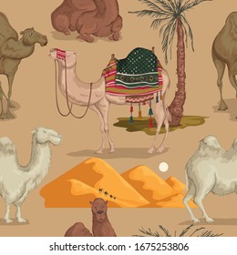 Seamless pattern with camels in different poses, sand dune of desert and palm tree. Vector illustration