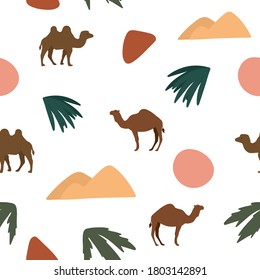 Seamless pattern with camels, dunes, abstract spots and plants. Hand drawn. Illustration for printing on fabric, clothing, stationery, bedding, wrapping paper.