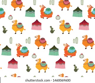 Patrón inquebrantable con camellos con monturas étnicas, cactus y tabernáculo. Animales y elementos dibujados a mano en fondo blanco. Textura infantil creativa. Ilustración vectorial