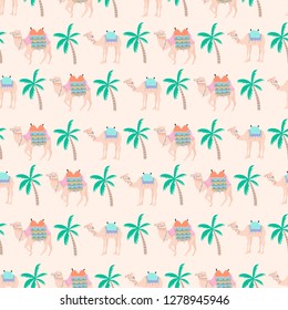 Seamless pattern with camels and palm trees.